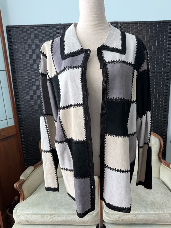 Jackets & Blazers - 🖤 Vintage Denim & Co Patchwork Leather Jacket Colorblock Crochet Trim XL